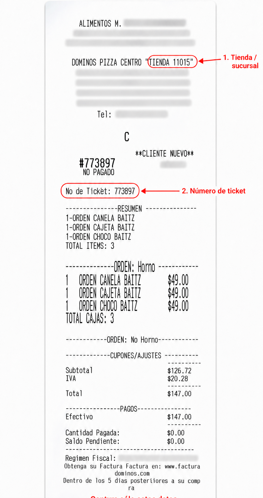 Ticket de ejemplo con un círculo rojo en TIENDA 11015 y otro en No de Ticket 773897.